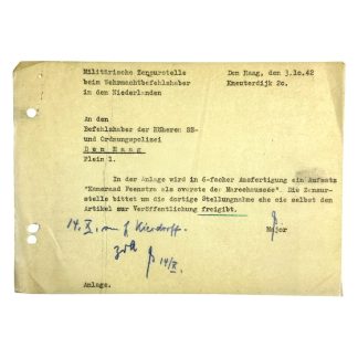 Original WWII German Wehrmachtbefehlshaber in den Niederlanden document regarding Overste der Marechaussee Feenstra