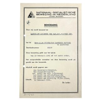 Original WWII Dutch NSB promotion document of N.S.V.O. leader Olga de Ruiter