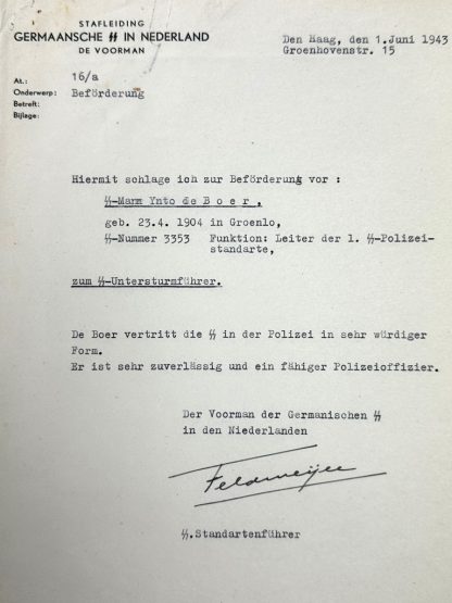 Original WWII Nederlandsche SS letter with autograph of Henk Feldmeijer