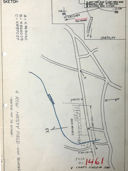 Original WWII US Battle of the Bulge antitank minefield sketch/map area of Baugnez & Weismes