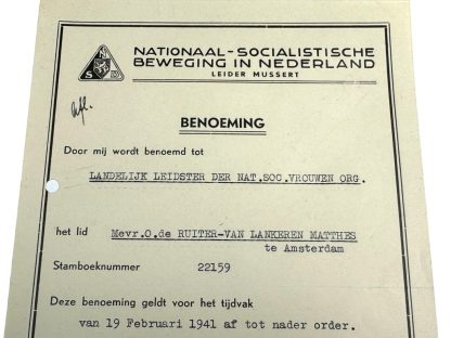 Original WWII Dutch NSB promotion document of N.S.V.O. leader Olga de Ruiter