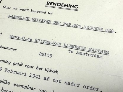 Original WWII Dutch NSB promotion document of N.S.V.O. leader Olga de Ruiter