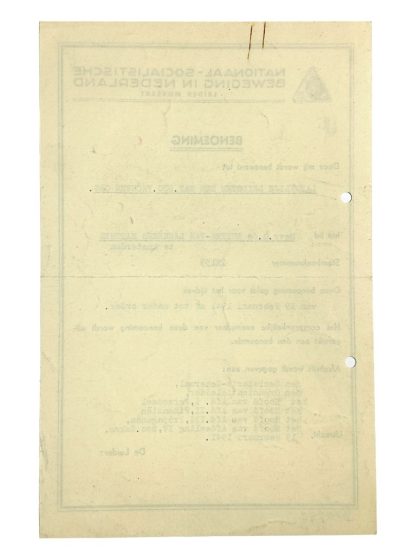 Original WWII Dutch NSB promotion document of N.S.V.O. leader Olga de Ruiter