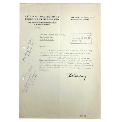 Original WWII Dutch NSB letter from Müller Lehning to Anton Mussert