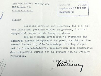 Original WWII Dutch NSB letter from Müller Lehning to Anton Mussert