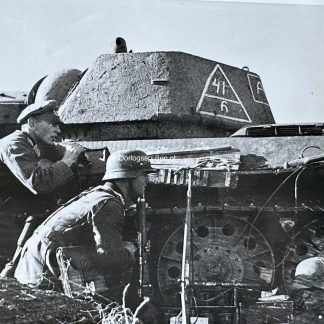Original WWII German photo of a disabled Russian tank and German infantry
