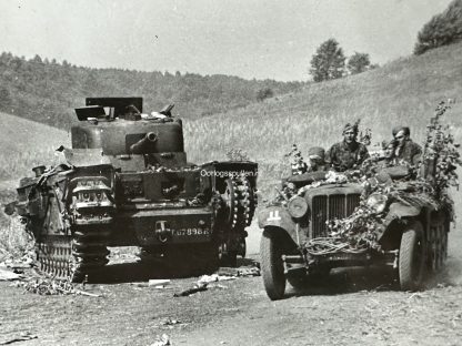 Original WWII German photo of Waffen-SS soldiers passing a disabled Churchill tank