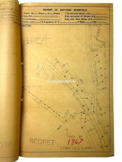 Original WWII US Battle of the Bulge antitank minefield sketch/map area of Bütgenbach