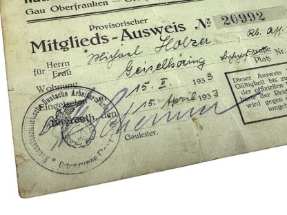 Original WWII German NSDAP Provisorischer Mitglieds-Ausweis with autograph of Gauleiter Hans Schemm