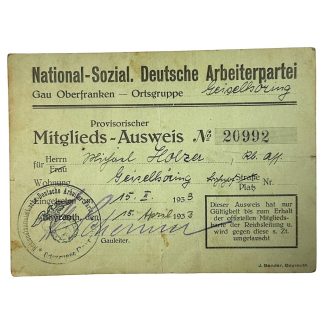 Original WWII German NSDAP Provisorischer Mitglieds-Ausweis with autograph of Gauleiter Hans Schemm