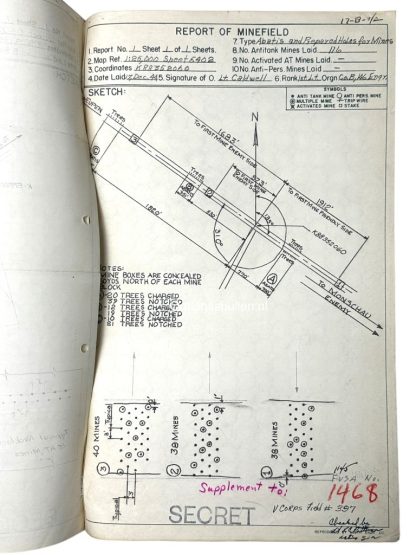 Original WWII US Battle of the Bulge set of three antitank minefield sketches/maps area of Neu-Hattlich