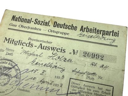 Original WWII German NSDAP Provisorischer Mitglieds-Ausweis with autograph of Hans Schemm