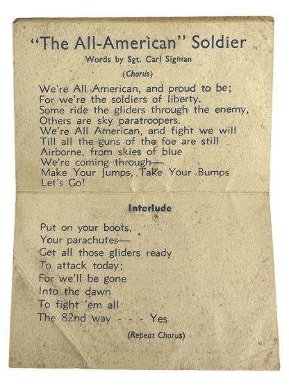 Original WWII US 82nd Airborne division song card