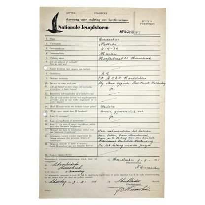 Original WWII Dutch Jeugdstorm application for officers form Heerlen/Hoensbroek militaria