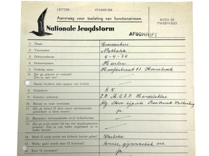 Original WWII Dutch Jeugdstorm application for officers form Heerlen/Hoensbroek