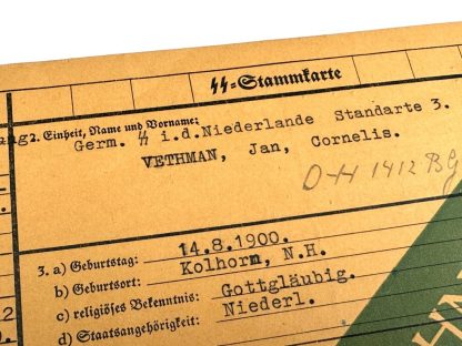 Original WWII Dutch SS-Stammkarte (Germaansche SS Standarte 3)