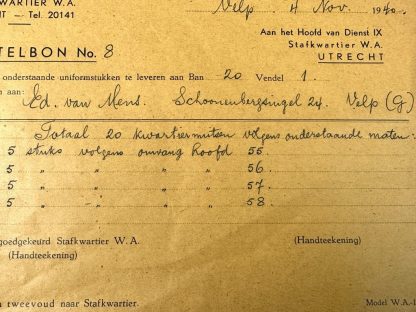 Original WWII Dutch NSB W.A. document regarding NSB overseas caps from the town of Velp