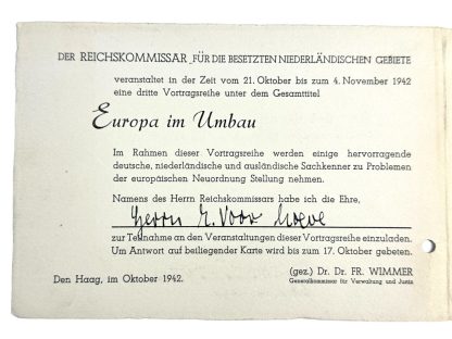 Original WWII Dutch NSB invitation from propaganda leader Ernst Voorhoeve