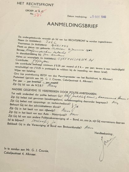 Original WWII Dutch Rechtsfront application letter