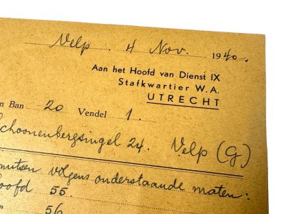 Original WWII Dutch NSB W.A. document regarding NSB overseas caps from the town of Velp