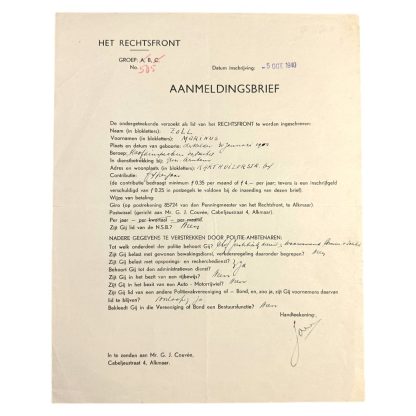 Original WWII Dutch Rechtsfront application letter
