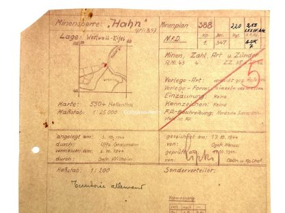 Original WWII German minefield map of the area of Eifel/Westwall militaria hellenthal