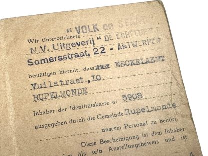 Original WWII Flemish collaboration 'Volk en Staat' ID card