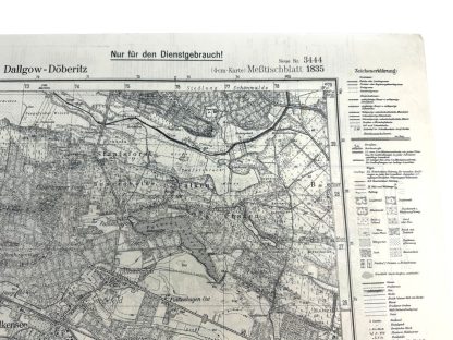 This is a 1937 German military map of the Dallgow-Döberitz area west of Berlin and was used during World War II in Berlin. These maps are collectibles for militaria collectors. 'Nur fur den Dienstgebracht'