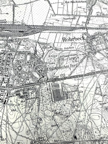 This is a 1937 German military map of the Dallgow-Döberitz area west of Berlin and was used during World War II in Berlin. These maps are collectibles for militaria collectors. 'Rohrbeck'