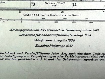 This is a 1937 German military map of the Dallgow-Döberitz area west of Berlin and was used during World War II in Berlin. These maps are collectibles for militaria collectors.