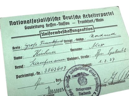 Original WWII German NSDAP uniform card Frankfurt am Main