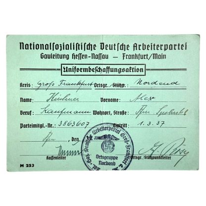 Original WWII German NSDAP uniform card Frankfurt am Main - Uniformbeschaffungsaktion - Hessen-Nassau - 1937 - Militaria