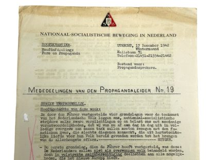 Original WWII Dutch NSB document 'Announcements from the Propaganda leader'