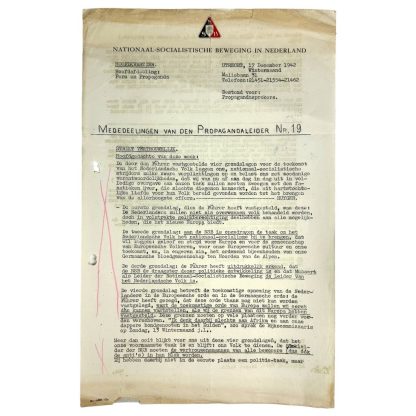 Original WWII Dutch NSB document 'Announcements from the Propaganda leader'