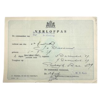 Original Pre 1940 Dutch army leave pass - Militaria - Nederlands leger - Mobilisatie Verlofpas - 1939 - Regiment Artillerie