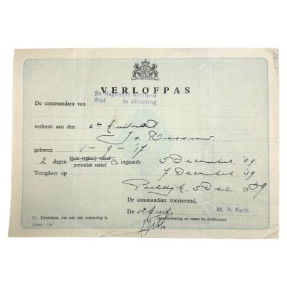 Original Pre 1940 Dutch army leave pass - Militaria - Nederlands leger - Mobilisatie Verlofpas - 1939 - Regiment Artillerie