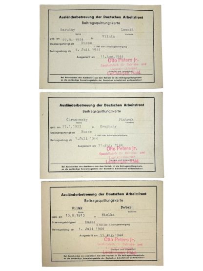 Original WWII German set of five D.A.F. support abroad cards of Russian members