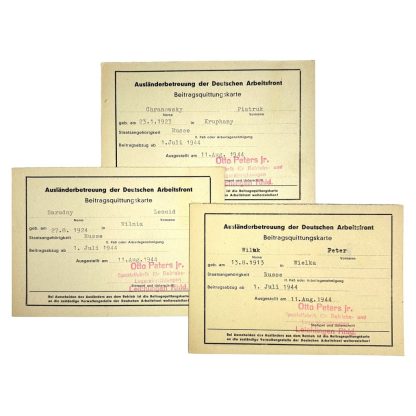 Original WWII German set of five D.A.F. support abroad cards of Russian members