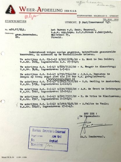 Original WWII Dutch NSB document hand signed by Zondervan regarding KIA Dutch Waffen-SS volunteers