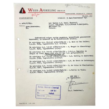 Original WWII Dutch NSB document hand signed by Zondervan regarding KIA Dutch Waffen-SS volunteers