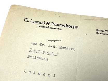 Original WWII Dutch III. Germanische SS-Panzerkorps letter from the possession of NSB leader Anton Mussert