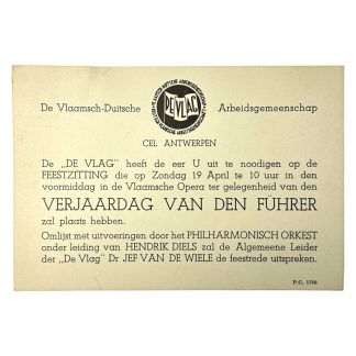 Original WWII Flemish DeVlag invitation card for the birthday of Adolf Hitler in Antwerp