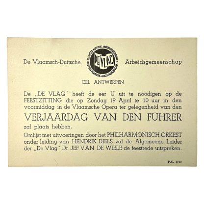 Original WWII Flemish DeVlag invitation card for the birthday of Adolf Hitler in Antwerp