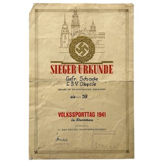 Ten certyfikat SS Polizei jest używany i został przyznany podczas Volkstagu w Warszawie w 1941 roku. 'Sieger-Urkunde' Militaria