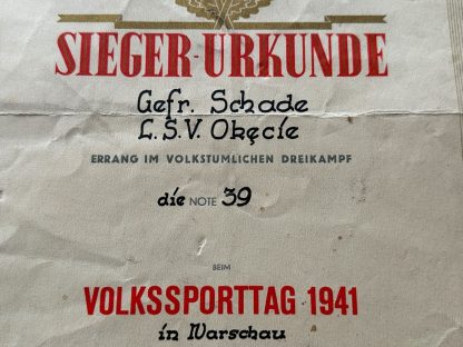 Original WWII German SS-Polizei citation for the city of Warsaw in Poland