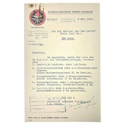 Original WWII Dutch NSVO document with autograph of NSVO leader Couzy