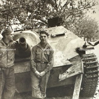 Original WWII US photo of knocked out camouflaged German Hetzer tank