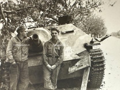 Original WWII US photo of knocked out camouflaged German Hetzer tank