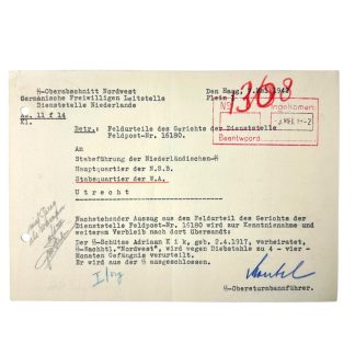 Original WWII Dutch Waffen-SS document regarding prison sentence of a Dutch volunteer