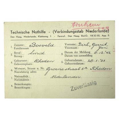 Original WWII Dutch Technische Noodhulp ID card 'Rheden' TENO